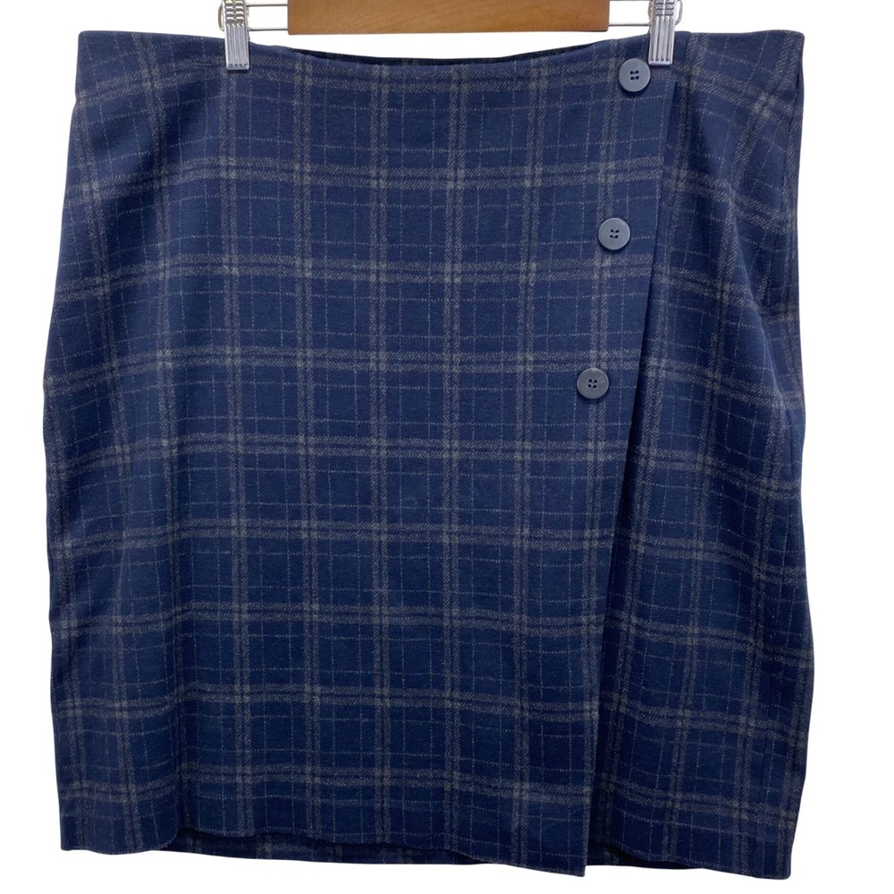 J. Jill Navy Blue Plaid Faux Wrap Button Side Mini Skirt Womens 2X